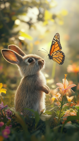 兔子与蝴蝶对视热带花丛