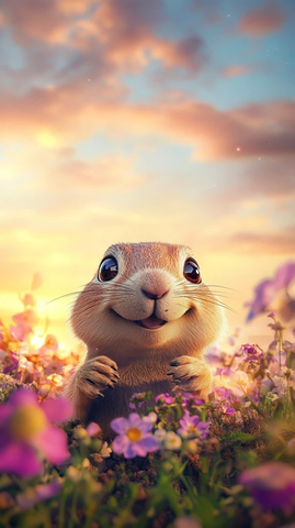 草原松鼠嬉戏花丛彩虹下