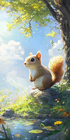 绿草古树小松鼠野花溪流