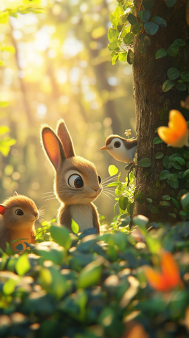 兔子松鼠鸟类树丛中探头