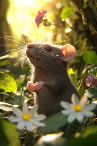 森林中的真实老鼠与盛开鲜花