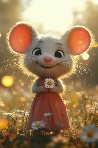 小白鼠穿粉裙握雏菊站立