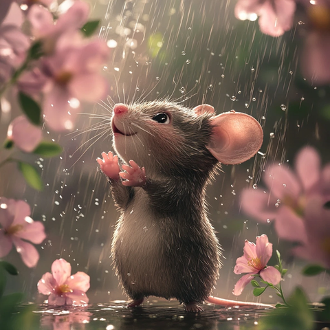 小鼠追逐水滴花朵间