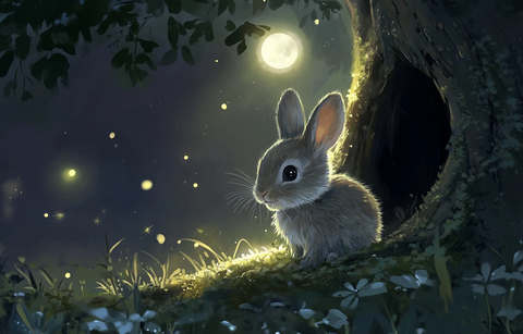 小兔子欢笑树洞前