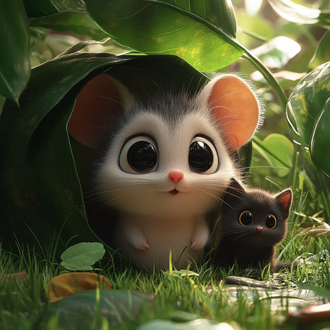 白鼠与黑猫草地玩乐