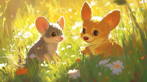 小老鼠与小狗草地玩耍