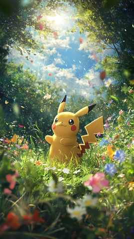 皮卡丘在花丛中闪耀