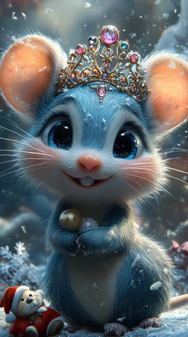 蓝色老鼠戴珠宝王冠插画