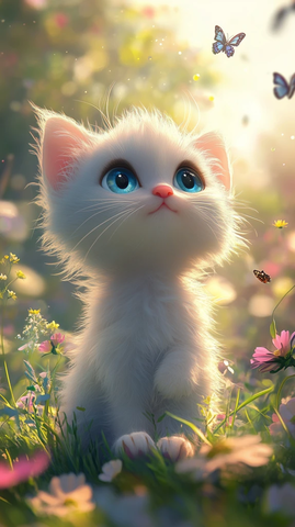 小白灰毛小猫坐草地