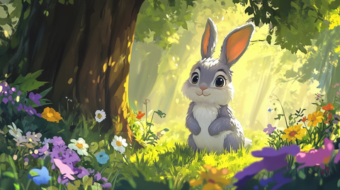 兔子从树后跳出花丛中微笑