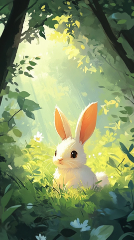 白兔藏身树丛夏日阳光