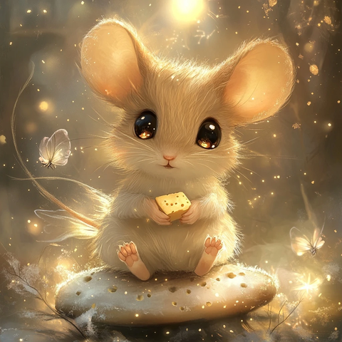 小鼠坐在蘑菇上捧着奶酪