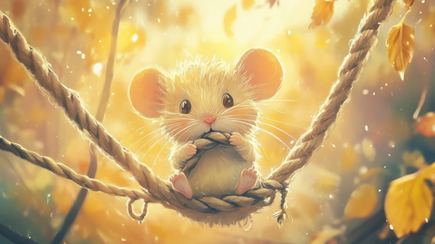 小鼠啃咬绳索水彩插画