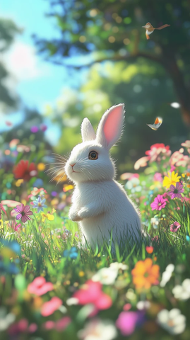 白兔草地花朵树苗阳光