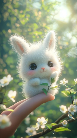 白兔坐手指玩小花