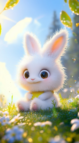 小白兔坐在草地花丛中