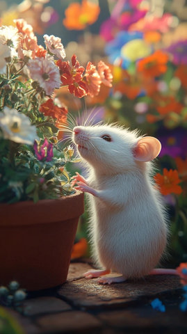 受伤白鼠与花园花盆