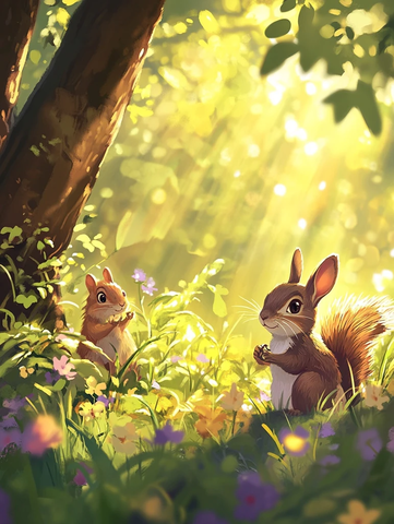 阳光草地小兔与松鼠