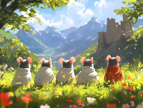 五只灰鼠披白穿越古堡废墟