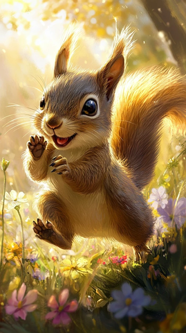 松鼠跃动花海阳光下