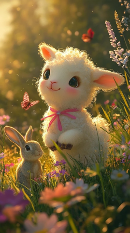 小羊花丛中嬉戏蝴蝶飞舞