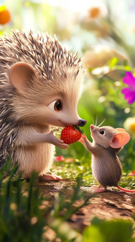 宝宝刺猬赠草莓给小老鼠
