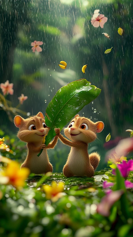 松鼠捧蕉叶接雨滴林间景