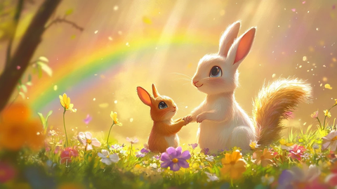 兔子松鼠彩虹下共舞