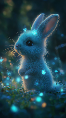 月光下的魔法小动物与荧光花朵