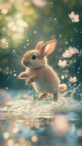 兔子跃入溪流花瓣飘