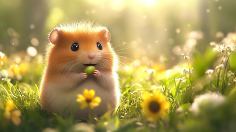 圆润小仓鼠在草地上吃种子