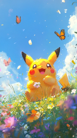 皮卡丘手持花朵坐草地