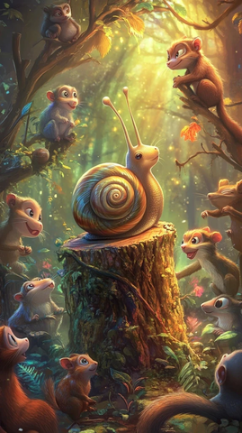 蜗牛树桩周围动物笑声