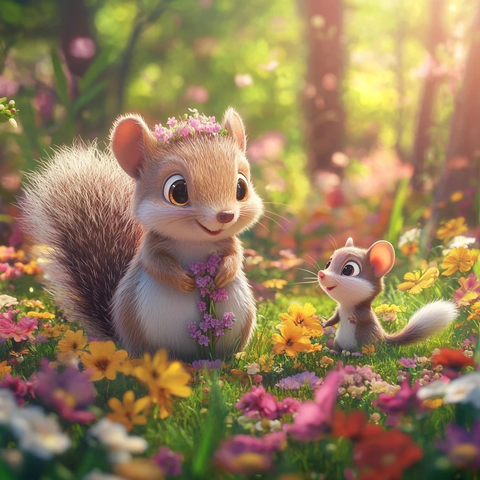松鼠刺猬小鼠花田玩耍