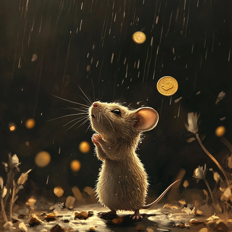 老鼠雨中站立金币天空降落