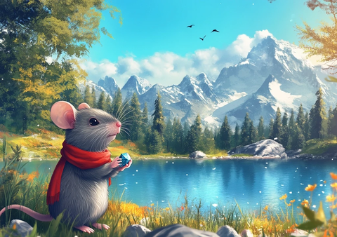 小鼠持宝石湖边思考