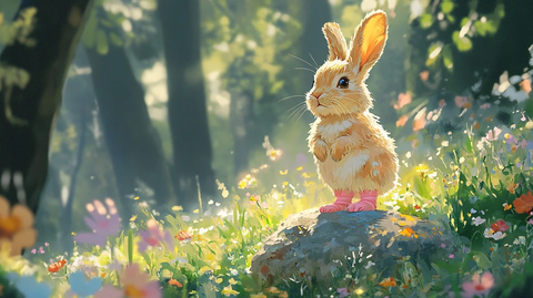 兔子穿粉色袜子站石头上