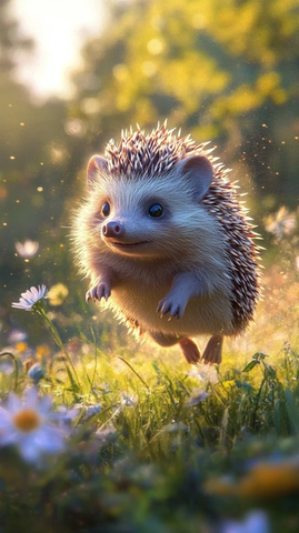 刺猬奔跑草地野花阳光