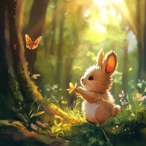 蝴蝶飞舞动物嬉戏森林插画