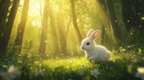 白兔跃动草地野花间