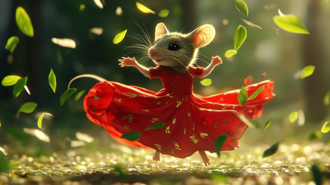 红裙老鼠舞动绿叶飘扬