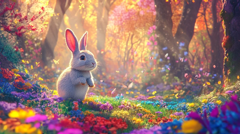 兔子跳跃森林阳光花树