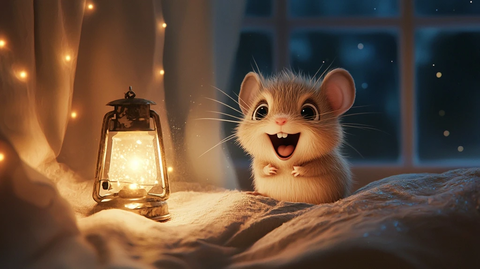 小仓鼠坐床头月光伴小灯