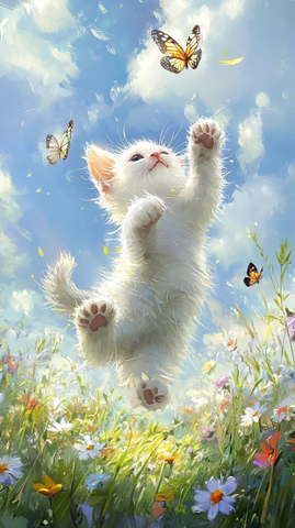 白猫草地追逐蝴蝶