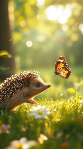 刺猬追蝴蝶草地阳光