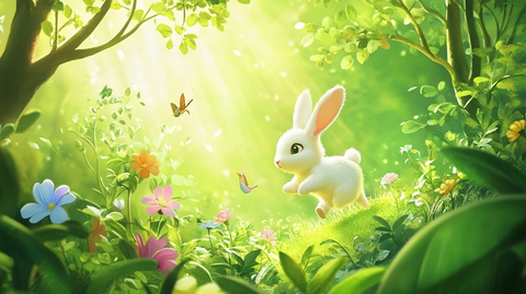 小兔跳跃森林阳光花鸟