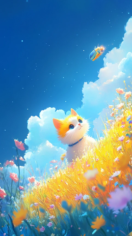 猫驾驶飞船蓝天花朵