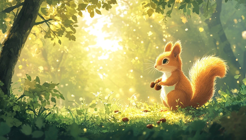 森林小松鼠收集橡子