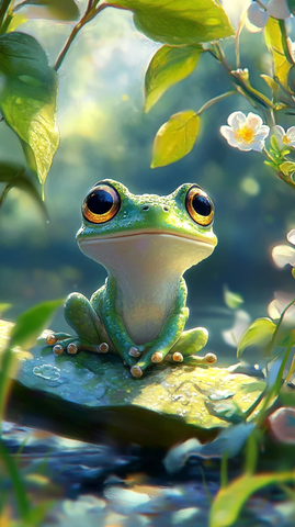 绿皮小母蛙跳跃荷叶间