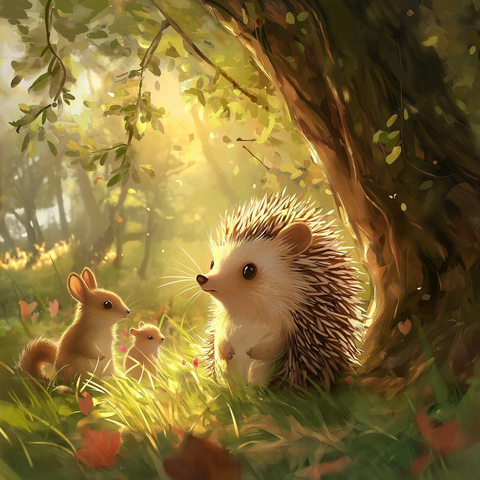 刺猬树下静坐小动物围观